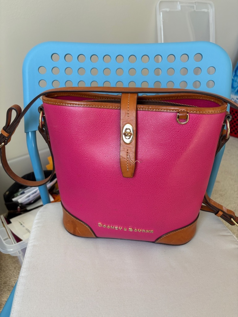Dooney & Bourke Pink Leather Bucket Crossbody with Tan Trim